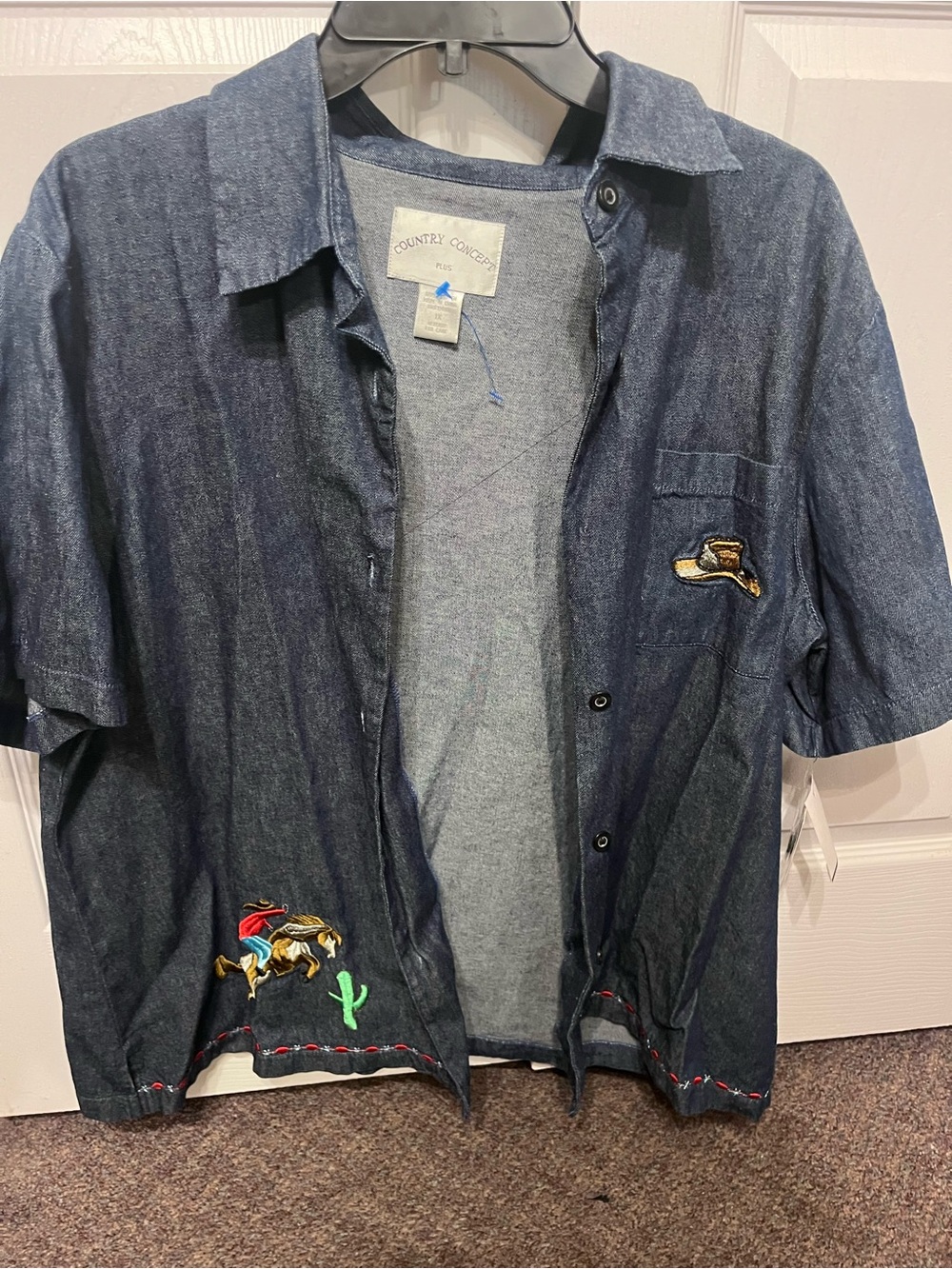 Dark Blue Short-Sleeve Denim-Look Button-Down Shirt